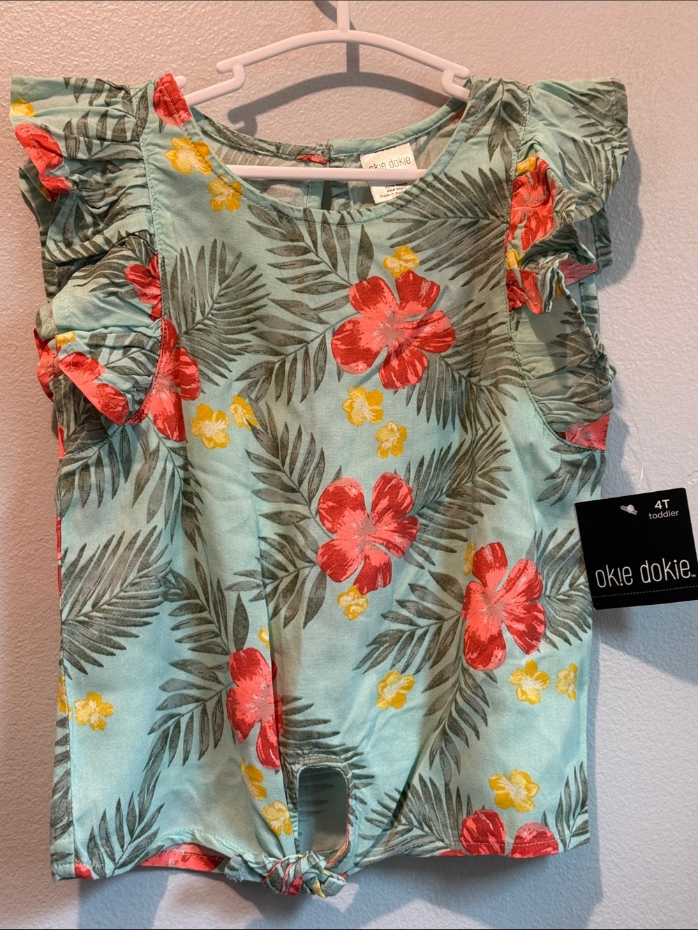 okie dokie 4T Toddler Aqua Ruffle Tank Top with Coral & Yellow Floral Print